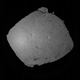 A view of the Ryugu asteroid during the September 12 rehearsal. This image was taken when Hayabusa2 was at a distance of 2,080 feet (635 meters). Amazingly, you can actually see the shadow of Hayabusa2—it’s that tiny dark spot in the bright region at center left (the brightness is caused by the Sun’s reflection).